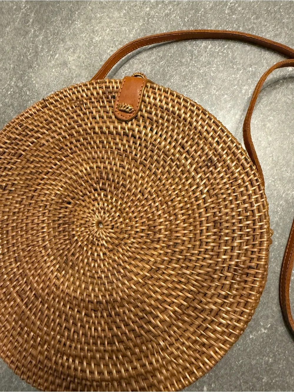 Like New - Handwoven Round Rattan Bag Leather Strap